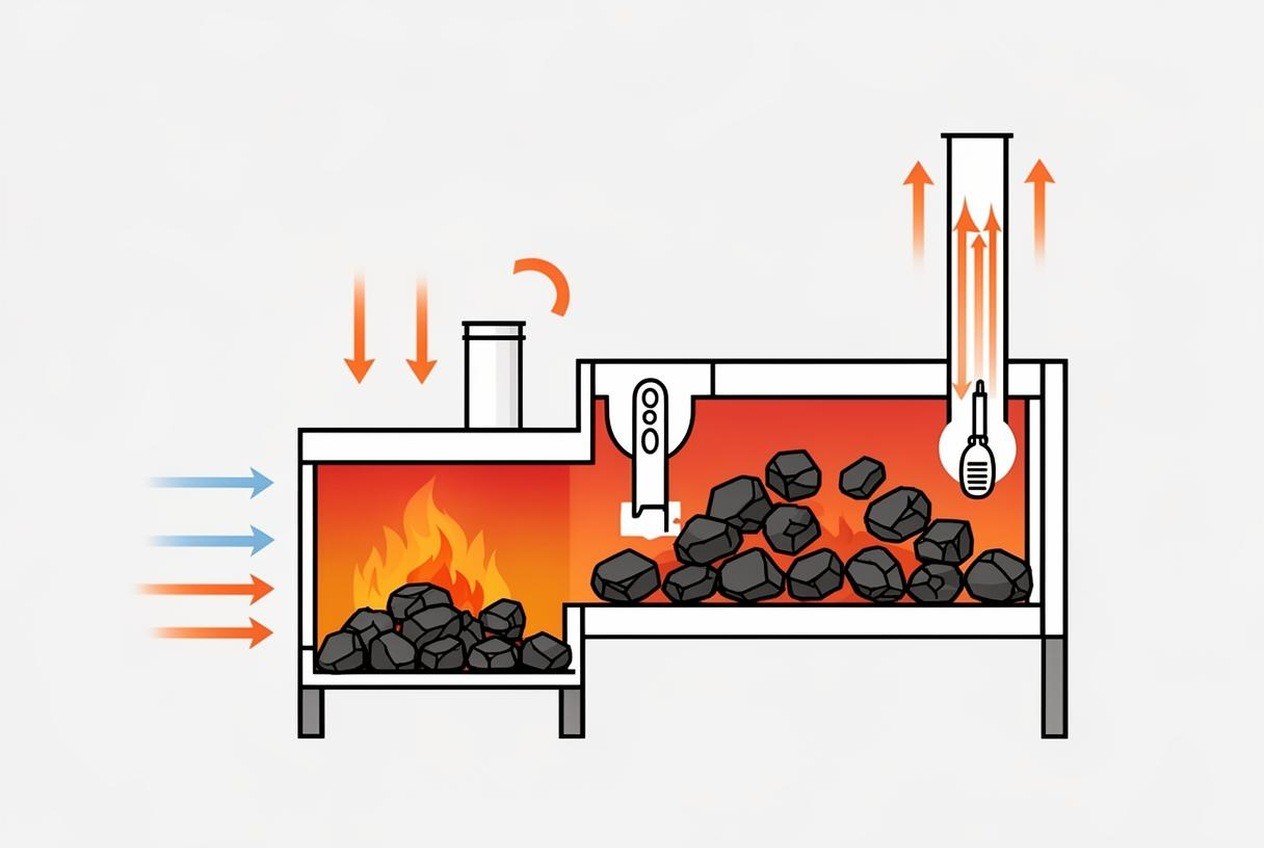 Smoker cross-section with airflow arrows and a probe