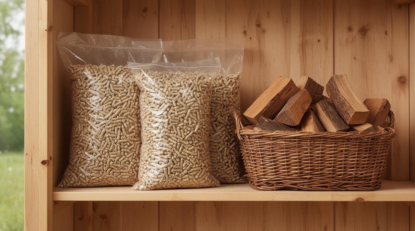 Bags of wood pellets and split hardwood chunks on a shelf