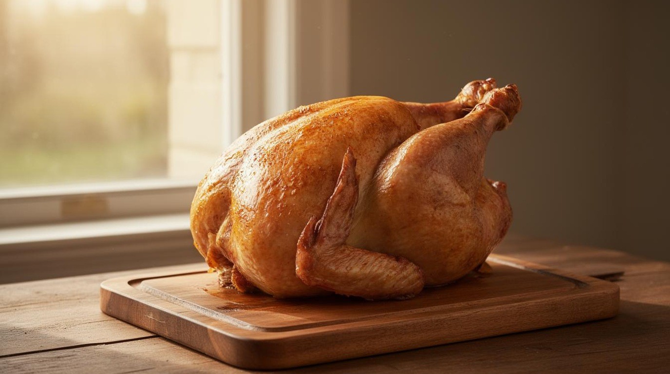 Roast turkey resting on a wooden carving board near a window